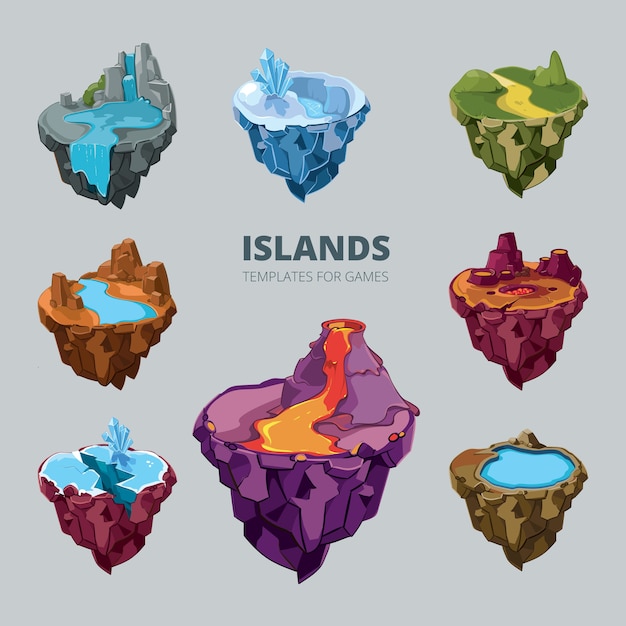 Free vector isometric 3d set of flying islands. landscape cartoon nature, land fantasy, rock and ground and mountain for game, vector illustration