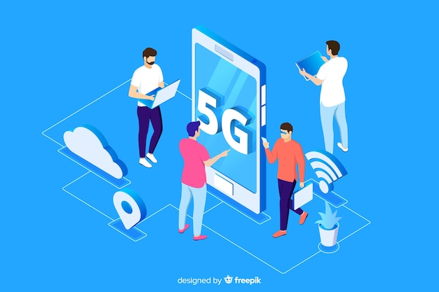 파란색 배경으로 아이소 메트릭 5g 개념