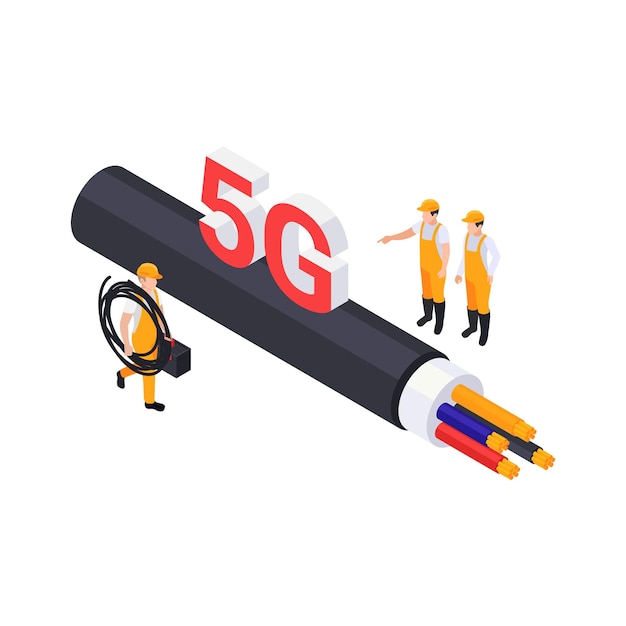 Isometric 5g internet concept with workers in uniform laying ethernet cable vector illustration