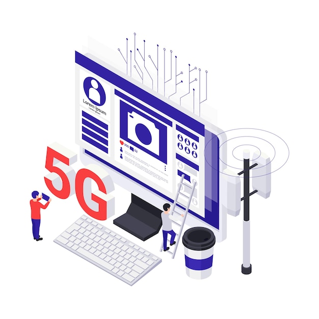 Isometric 5g internet technology concept with computer telecommuncation tower on white background 3d vector illustration