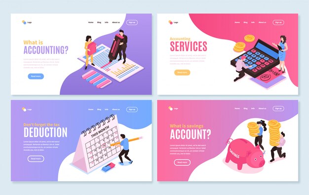 Isometric accounting horizontal banners collection with four isolated compositions editable text with clickable links and buttons vector illustration