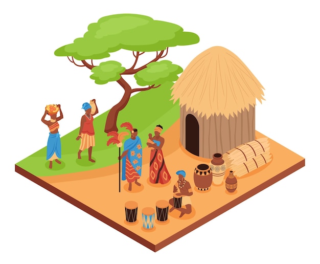 Vettore gratuito la composizione isometrica della gente africana con la vista isolata delle terre selvagge con l'abitazione e l'illustrazione di vettore dei membri della famiglia nativa