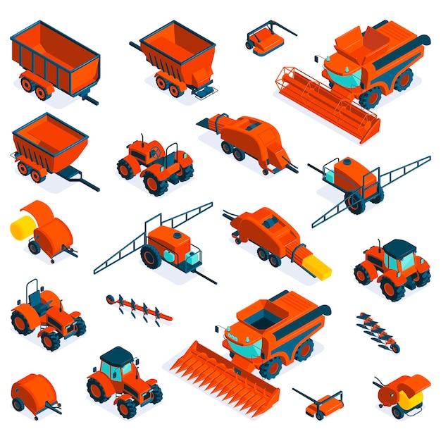 Isometric agricultural farm equipment set of combine tractor cargo trailer mower plow bale baler grain harvester isolated vector illustration