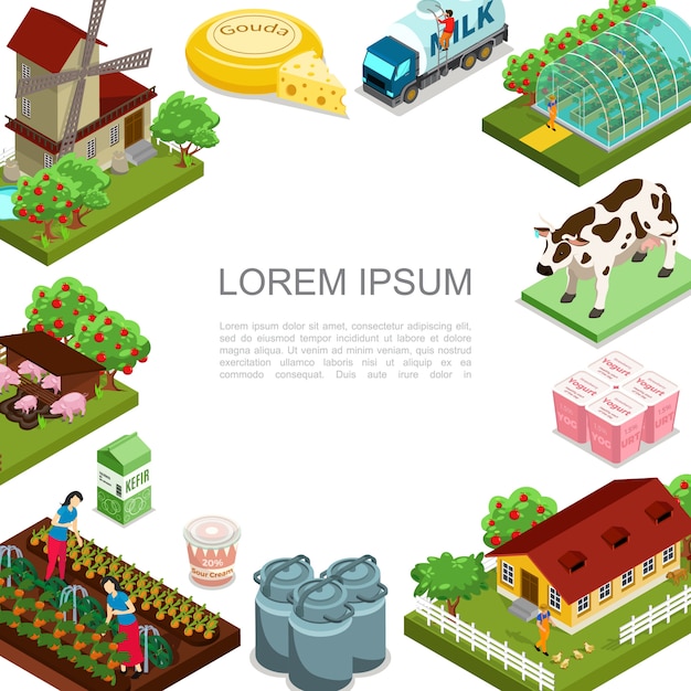 Isometric agriculture and farming template with windmill animals dairy products house apple trees milk truck women harvesting vegetables