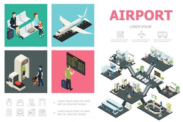 Free vector isometric airport composition with passengers airplane custom control departure board waiting hall buses snack bar baggage conveyor belt