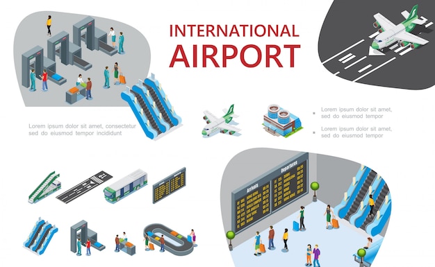 Isometric airport composition with passengers pass custom and passport controls airplanes airline escalators ladder bus airplanes departure board baggage conveyor belt