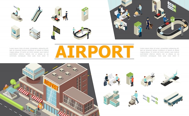 Бесплатное векторное изображение Изометрические элементы аэропорта, установленные со стойкой регистрации, эскалатор, таможенный паспортный контроль, табло вылета, зал ожидания, ленточный транспортер, самолеты, пассажиры, рабочие