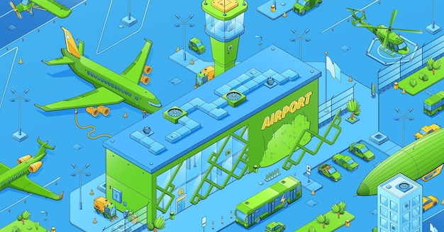 Бесплатное векторное изображение Изометрическая инфраструктура и транспорт аэропорта