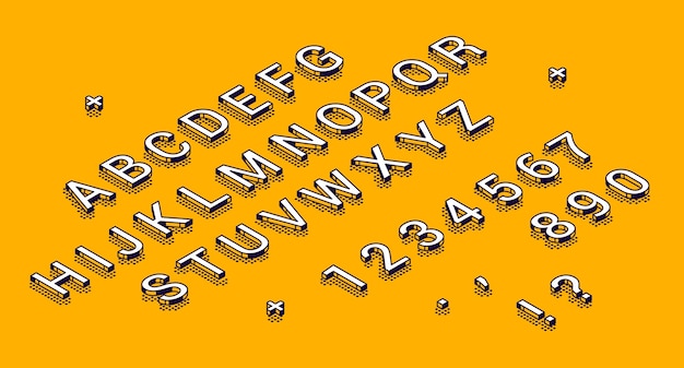 Free vector isometric alphabet, numbers and punctuation marks lying in row