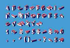 Free vector isometric alphabet, numbers and punctuation with dotted pattern marks standing and lying in raw on blue.