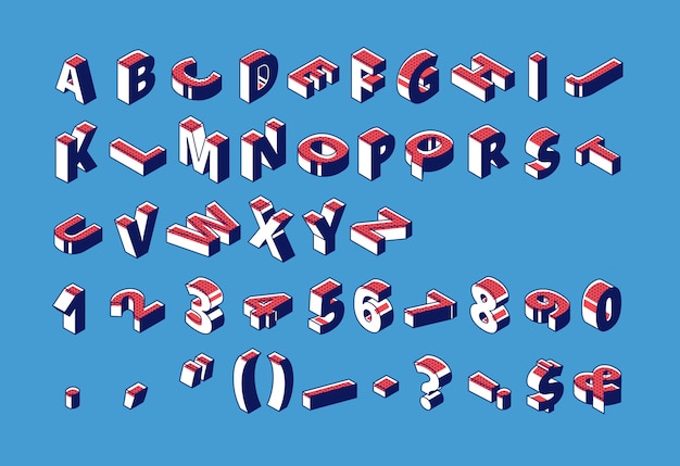 Alfabeto isometrico, numeri e segni di punteggiatura con punti punteggiati in piedi e giace in grezzo sul blu.