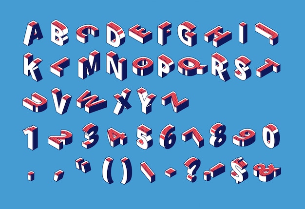 Free vector isometric alphabet, numbers and punctuation with halftone dotted pattern standing and lying in raw on blue.