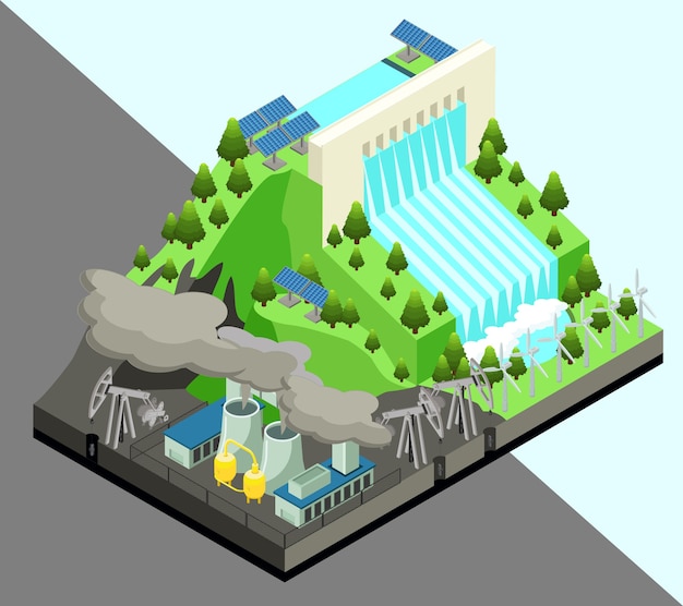 Isometric alternative energy production concept with windmills nuclear power plant and hydroelectric station isolated