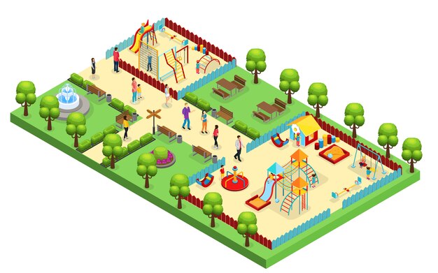 Isometric amusement park concept with parents children visiting playground with different slides and swings isolated 