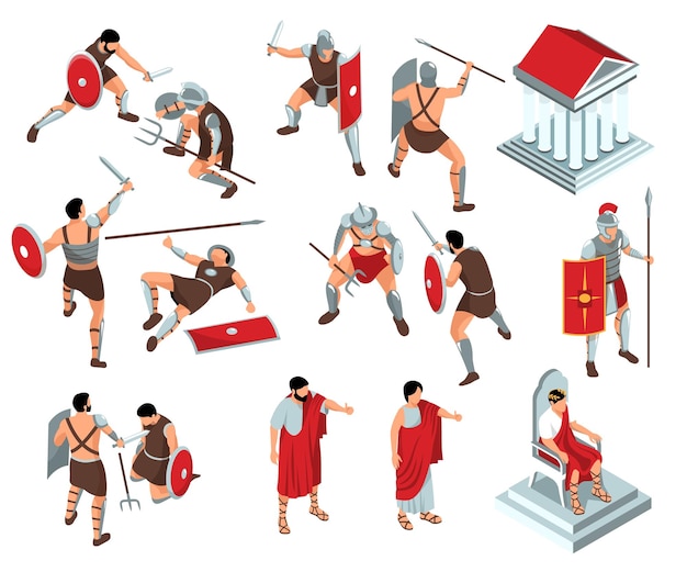 孤立したアイコンと武器のベクトル図を持つ貴族や戦闘機のキャラクターが設定された等尺性古代ローマの剣闘士