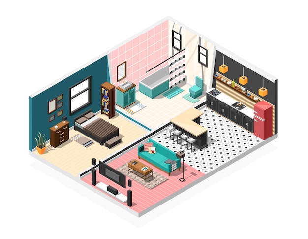 Free vector isometric apartment interior