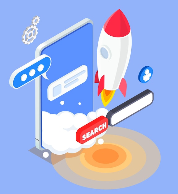 Free vector isometric app store optimization concept with smartphone rocket search bar on blue background 3d vector illustration