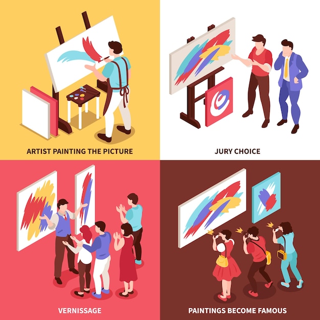 Isometric art gallery design concept illustration