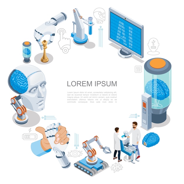 Isometric artificial intelligence round composition with cyborg head robotic arms monitor human brain with chip scientists industrial robots