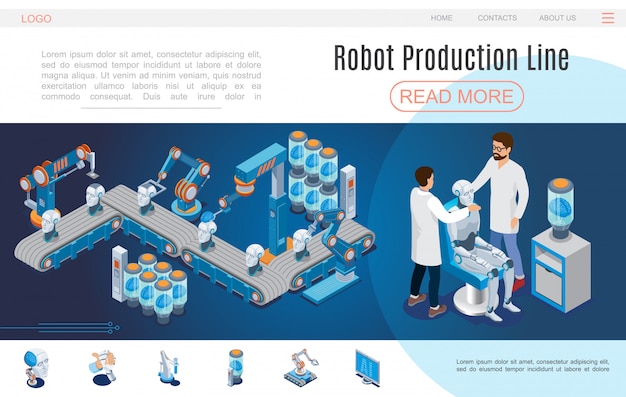 Isometric artificial intelligence website template with robot production lines cyborg creation robotic head arms digital brain monitor