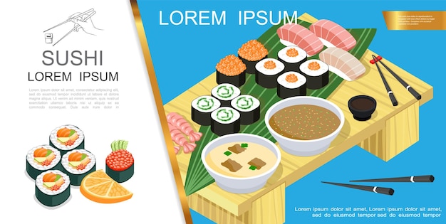 Isometric asian food composition with sushi and sashimi different ingredients seaweed soy sauce wasabi soup chopsticks on table  illustration