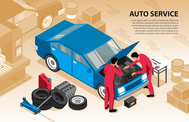 Isometric auto repair horizontal background with text and indoor garage composition with two workers repairing car