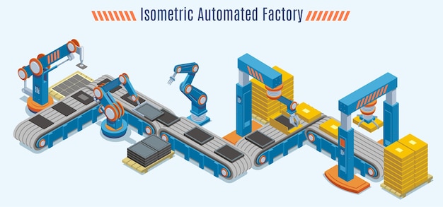 Isometric automated production line concept with industrial conveyor belt and robotic mechanical arms isolated