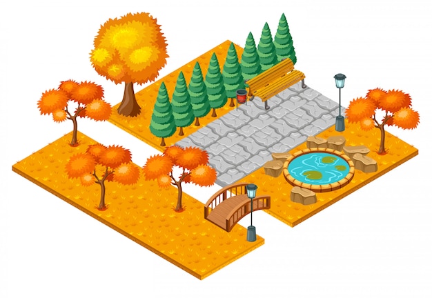 Vettore gratuito isometrica autunno city park landscape concept