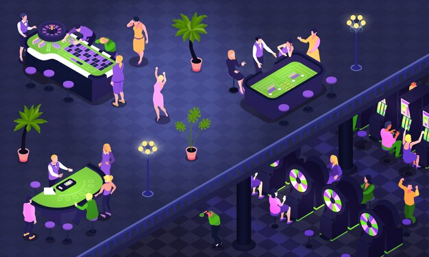 Isometric background with people playing roulette poker craps in casino 3d  illustration