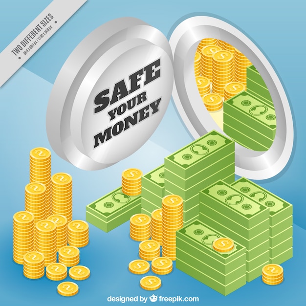 Isometric background with safe-deposit box and money