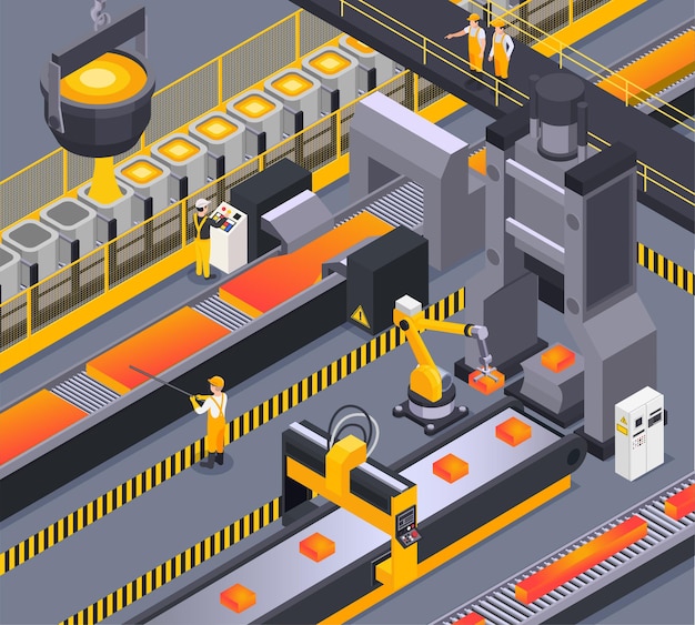 Isometric background with steel foundry workers and metalworking process 3d