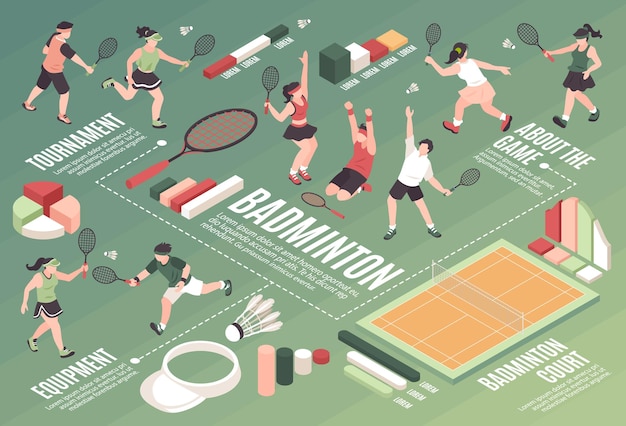 Isometric badminton horizontal composition with bar charts infographic elements text captions and human characters of players vector illustration