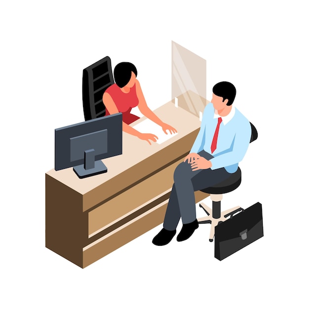 Isometric bank composition with client character sitting at bank desk with working clerk  illustration