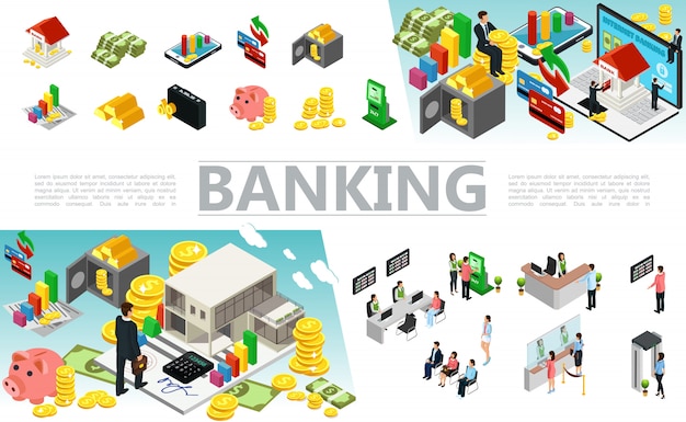 Free vector isometric banking elements set with money payment cards safe case coins gold bars atm machine bank workers and clients in different situations