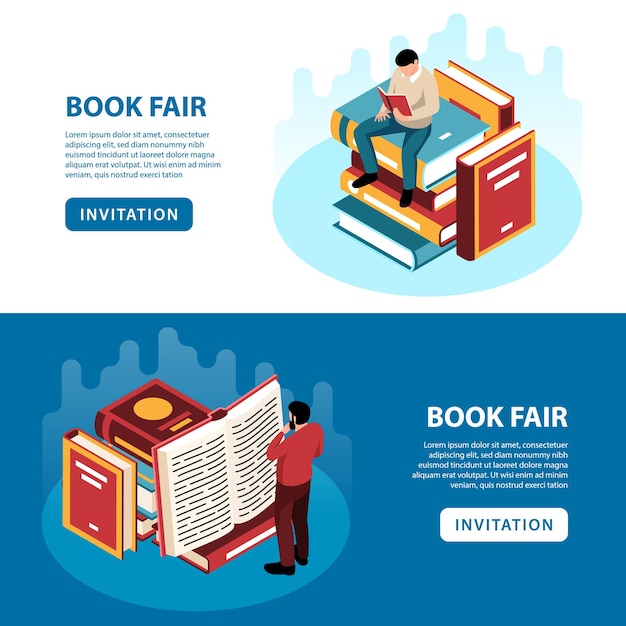 Isometric banners set with people reading books at fair isolated