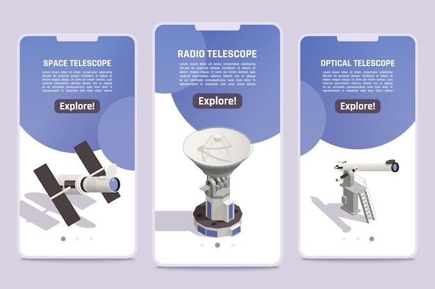 Banner isometrici con radio spaziale professionale e telescopi ottici per esplorare oggetti di astronomia 3d