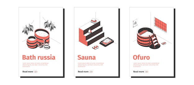 Free vector isometric banners set with sauna ofuro and russian bath interior