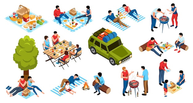 Бесплатное векторное изображение Изометрические иконки для барбекю с людьми, устраивающими пикник на открытом воздухе, изолированные векторные иллюстрации
