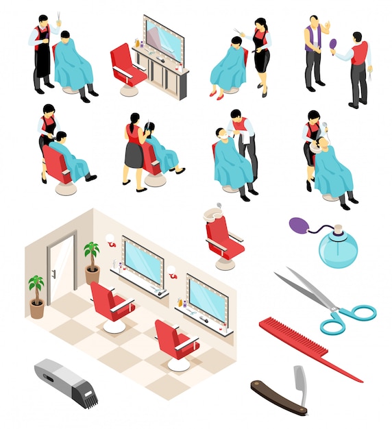 Free vector isometric barber hairdresser professional set with human characters pieces of furniture and hair dressing equipment instruments