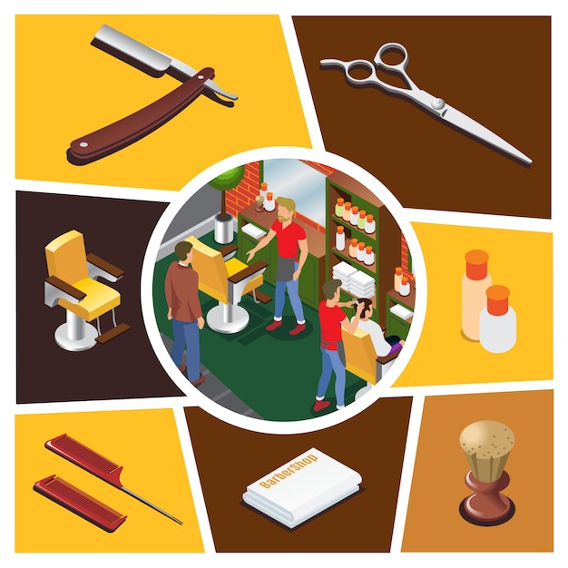 Isometric barber shop elements composition with hairdressers customers in barbershop scissors brush towels combs cosmetic bottles chair razor isolated