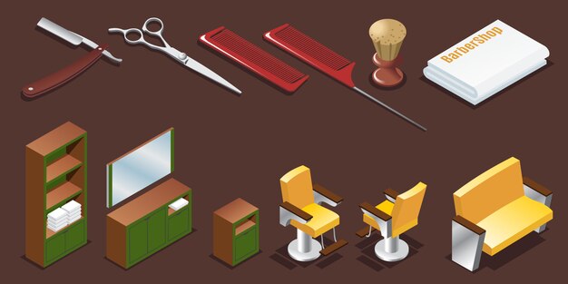Isometric barber shop elements set with razor combs scissors shaving brush towel and interior furniture isolated 