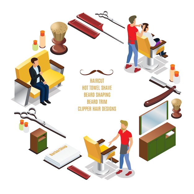 Free vector isometric barber shop round composition with hairdressers customers interior elements combs razor brush scissors towels