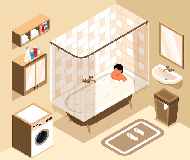 Isometric bathroom interior with washing machine mirror cabinet washbasin and person taking bath with foam 3d vector illustration