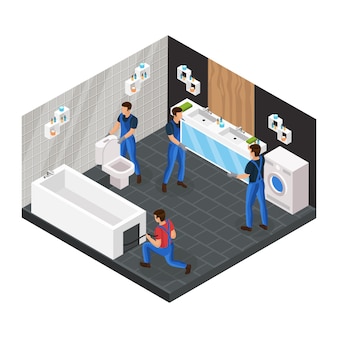 Isometric bathroom renovation concept with professional workers install toilet bowl bath and hang mirror