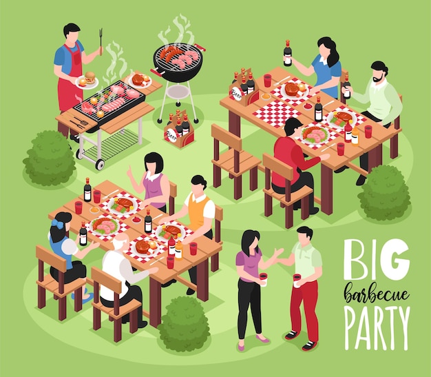 Vettore gratuito composizione isometrica nel barbecue del barbecue con la vista della festa all'aperto con i sedili dei tavoli dei personaggi umani e l'illustrazione della griglia