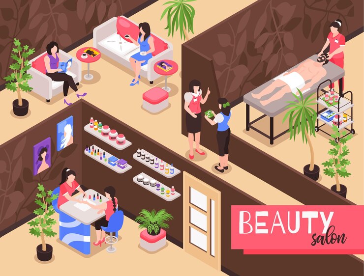 Free Vector isometric beauty salon illustration composition with indoor view of spa studio with people during therapy procedures