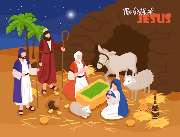 Isometric bible narratives christmas nativity concept banner composition with outdoor composition and human characters with sheeps