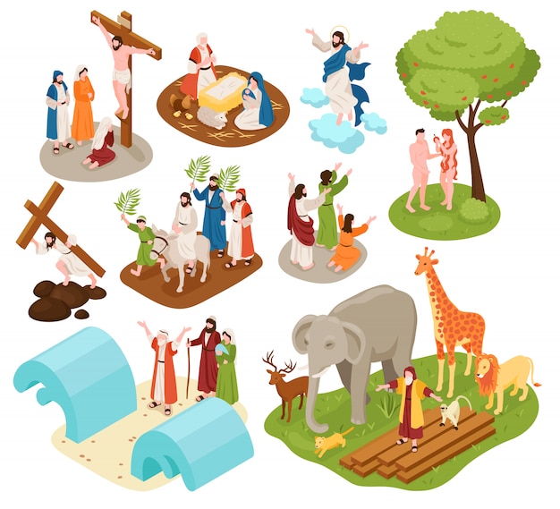 Free vector isometric bible narratives set with ancient christian characters of noah with animals adam eve jesus christ