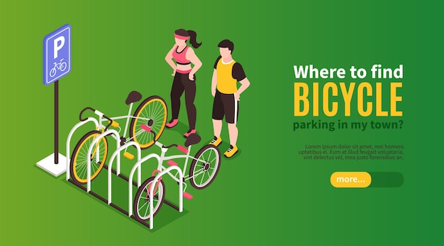 Free vector isometric bicycle horizontal banner with parking rack characters of riders