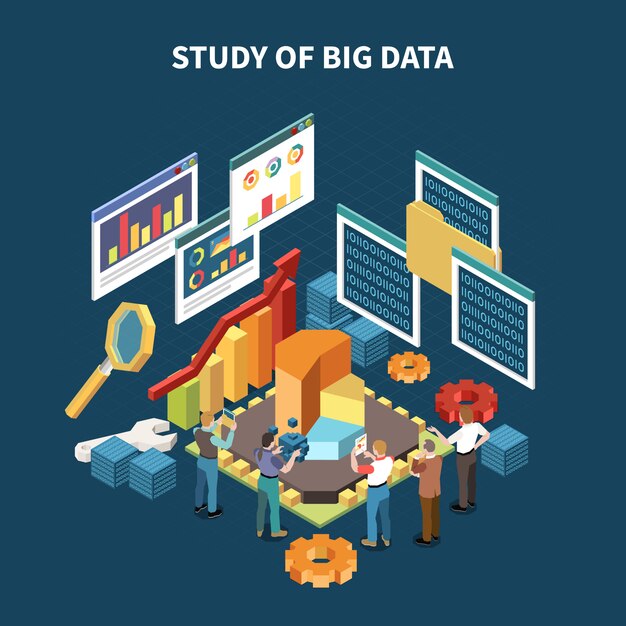 Isometric big data analytics composition with study of big data and statistics isolated elements  illustration